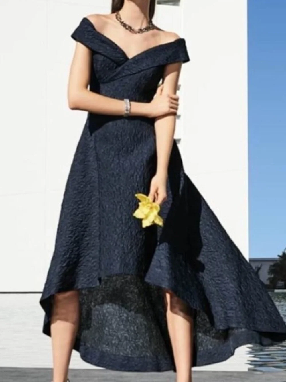 Rickie Freeman for Teri Jon | Dresses | Rickie Freeman For Teri Jon Offthe  Shoulder High Low Navy Jacquard Gown S 4 | Poshmark